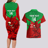 Custom Wales Rugby Couples Matching Long Sleeve Bodycon Dress and Hawaiian Shirt 2024 Six Nations Come On Cymru Mascot Sporty - Wonder Print Shop
