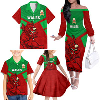 Custom Wales Rugby Family Matching Off Shoulder Long Sleeve Dress and Hawaiian Shirt 2024 Six Nations Come On Cymru Mascot Sporty - Wonder Print Shop