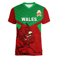 Custom Wales Rugby Women V Neck T Shirt 2024 Six Nations Come On Cymru Mascot Sporty - Wonder Print Shop