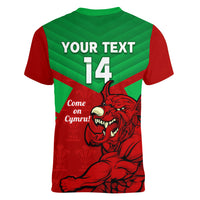 Custom Wales Rugby Women V Neck T Shirt 2024 Six Nations Come On Cymru Mascot Sporty - Wonder Print Shop