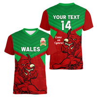 Custom Wales Rugby Women V Neck T Shirt 2024 Six Nations Come On Cymru Mascot Sporty - Wonder Print Shop