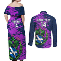 Custom Scotland Rugby Couples Matching Off Shoulder Maxi Dress and Long Sleeve Button Shirt 2024 Six Nations Go Scottish Thistle - Wonder Print Shop