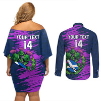 Custom Scotland Rugby Couples Matching Off Shoulder Short Dress and Long Sleeve Button Shirt 2024 Six Nations Go Scottish Thistle - Wonder Print Shop