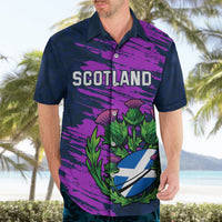 Navy Hawaiian-style rugby shirt, purple brush print with Scotland text and thistle crest