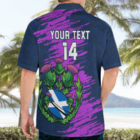 Navy Hawaiian-style rugby shirt, purple brush print with "YOUR TEXT 14" and crest