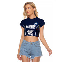 Custom Scotland Curling Raglan Cropped T Shirt Scottish Thistle Mix Tartan Pattern - Wonder Print Shop