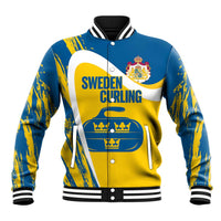 Custom Sweden Curling Baseball Jacket Konungariket Sverige Tre Kronor Grunge Style - Wonder Print Shop