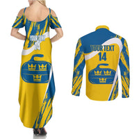 Custom Sweden Curling Couples Matching Summer Maxi Dress and Long Sleeve Button Shirt Konungariket Sverige Tre Kronor Grunge Style - Wonder Print Shop