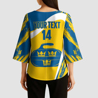 Custom Sweden Curling Kimono Sleeve Blouse Konungariket Sverige Tre Kronor Grunge Style - Wonder Print Shop