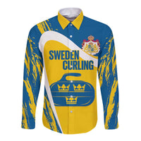 Custom Sweden Curling Long Sleeve Button Shirt Konungariket Sverige Tre Kronor Grunge Style - Wonder Print Shop