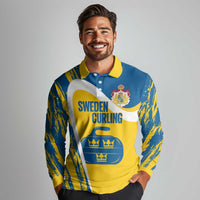 Custom Sweden Curling Long Sleeve Polo Shirt Konungariket Sverige Tre Kronor Grunge Style - Wonder Print Shop