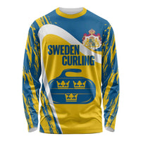 Custom Sweden Curling Long Sleeve Shirt Konungariket Sverige Tre Kronor Grunge Style - Wonder Print Shop