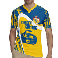 Custom Sweden Curling Rugby Jersey Konungariket Sverige Tre Kronor Grunge Style - Wonder Print Shop