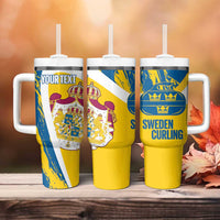 Custom Sweden Curling Tumbler With Handle Konungariket Sverige Tre Kronor Grunge Style - Wonder Print Shop