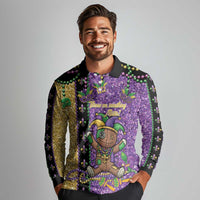 Voodoo Doll Mardi Gras Long Sleeve Polo Shirt Throw Me Something Mister Glitter Effect