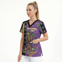 Voodoo Doll Mardi Gras Scrub Top Throw Me Something Mister Glitter Effect
