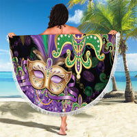 Fleur De Lis Mardi Gras Mask Beach Blanket 504 NOLA Carnival Feathers Glitter Effect
