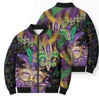 Fleur De Lis Mardi Gras Mask Bomber Puffer Jacket 504 NOLA Carnival Feathers Glitter Effect