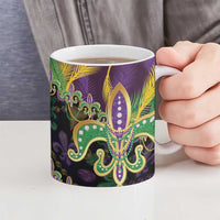 Fleur De Lis Mardi Gras Mask Ceramic Mug 504 NOLA Carnival Feathers Glitter Effect
