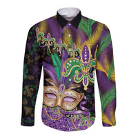 Fleur De Lis Mardi Gras Mask Long Sleeve Button Shirt 504 NOLA Carnival Feathers Glitter Effect