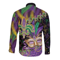Fleur De Lis Mardi Gras Mask Long Sleeve Button Shirt 504 NOLA Carnival Feathers Glitter Effect