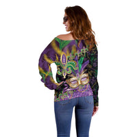 Fleur De Lis Mardi Gras Mask Off Shoulder Sweater 504 NOLA Carnival Feathers Glitter Effect