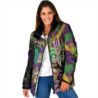 Fleur De Lis Mardi Gras Mask Padded Jacket 504 NOLA Carnival Feathers Glitter Effect