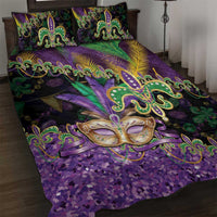 Fleur De Lis Mardi Gras Mask Quilt Bed Set 504 NOLA Carnival Feathers Glitter Effect