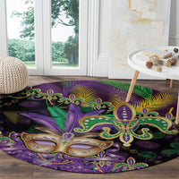 Fleur De Lis Mardi Gras Mask Round Carpet 504 NOLA Carnival Feathers Glitter Effect