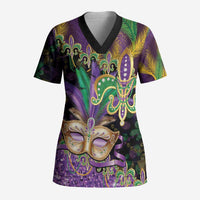 Fleur De Lis Mardi Gras Mask Scrub Top 504 NOLA Carnival Feathers Glitter Effect