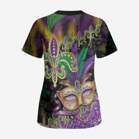 Fleur De Lis Mardi Gras Mask Scrub Top 504 NOLA Carnival Feathers Glitter Effect