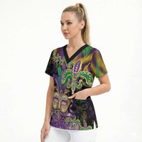 Fleur De Lis Mardi Gras Mask Scrub Top 504 NOLA Carnival Feathers Glitter Effect