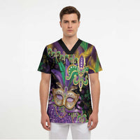 Fleur De Lis Mardi Gras Mask Scrub Top 504 NOLA Carnival Feathers Glitter Effect