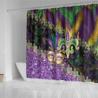 Fleur De Lis Mardi Gras Mask Shower Curtain 504 NOLA Carnival Feathers Glitter Effect