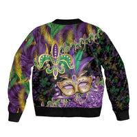 Fleur De Lis Mardi Gras Mask Sleeve Zip Bomber Jacket 504 NOLA Carnival Feathers Glitter Effect