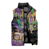 Fleur De Lis Mardi Gras Mask Sleeveless Puffer Jacket 504 NOLA Carnival Feathers Glitter Effect