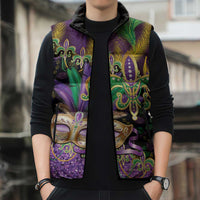 Fleur De Lis Mardi Gras Mask Sleeveless Puffer Jacket 504 NOLA Carnival Feathers Glitter Effect