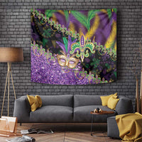 Fleur De Lis Mardi Gras Mask Tapestry 504 NOLA Carnival Feathers Glitter Effect