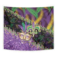 Fleur De Lis Mardi Gras Mask Tapestry 504 NOLA Carnival Feathers Glitter Effect