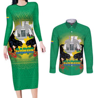 Gabon Independence Day Couples Matching Long Sleeve Bodycon Dress and Long Sleeve Button Shirt Memorial Leon Mba Monument - Wonder Print Shop