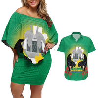 Gabon Independence Day Couples Matching Off Shoulder Short Dress and Hawaiian Shirt Memorial Leon Mba Monument - Wonder Print Shop