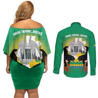 Gabon Independence Day Couples Matching Off Shoulder Short Dress and Long Sleeve Button Shirt Memorial Leon Mba Monument - Wonder Print Shop