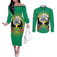 Gabon Independence Day Couples Matching Off The Shoulder Long Sleeve Dress and Long Sleeve Button Shirt Memorial Leon Mba Monument - Wonder Print Shop