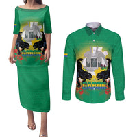 Gabon Independence Day Couples Matching Puletasi and Long Sleeve Button Shirt Memorial Leon Mba Monument - Wonder Print Shop
