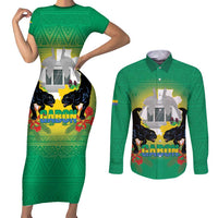 Gabon Independence Day Couples Matching Short Sleeve Bodycon Dress and Long Sleeve Button Shirt Memorial Leon Mba Monument - Wonder Print Shop