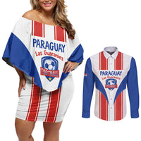 Custom Paraguay Football Couples Matching Off Shoulder Short Dress and Long Sleeve Button Shirt Come On Las Guaranies - Wonder Print Shop