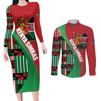 Custom Kenya Cricket Couples Matching Long Sleeve Bodycon Dress and Long Sleeve Button Shirt Come On Simbas Kente Pattern - Wonder Print Shop