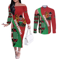 Custom Kenya Cricket Couples Matching Off The Shoulder Long Sleeve Dress and Long Sleeve Button Shirt Come On Simbas Kente Pattern - Wonder Print Shop