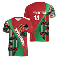 Custom Kenya Cricket Women V-Neck T-Shirt Come On Simbas Kente Pattern - Wonder Print Shop