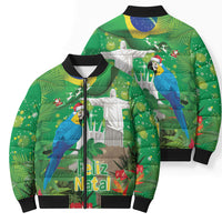 Christmas In July Brazil Bomber Puffer Jacket Feliz Natal Blue Macaw Santa Tropical Vibes